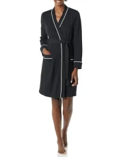 Women's Lightweight Waffle Mid-Length Robe (Available in Plus Size), Black, M