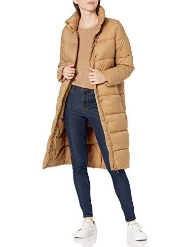 Women's Lightweight Water-Resistant Longer Length Cocoon Puffer Coat, Camel, L