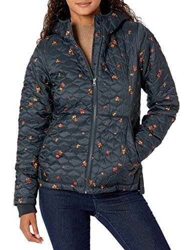 Women's Lightweight Water-Resistant Sherpa-Lined Hooded Puffer, Black Leafy Floral, S