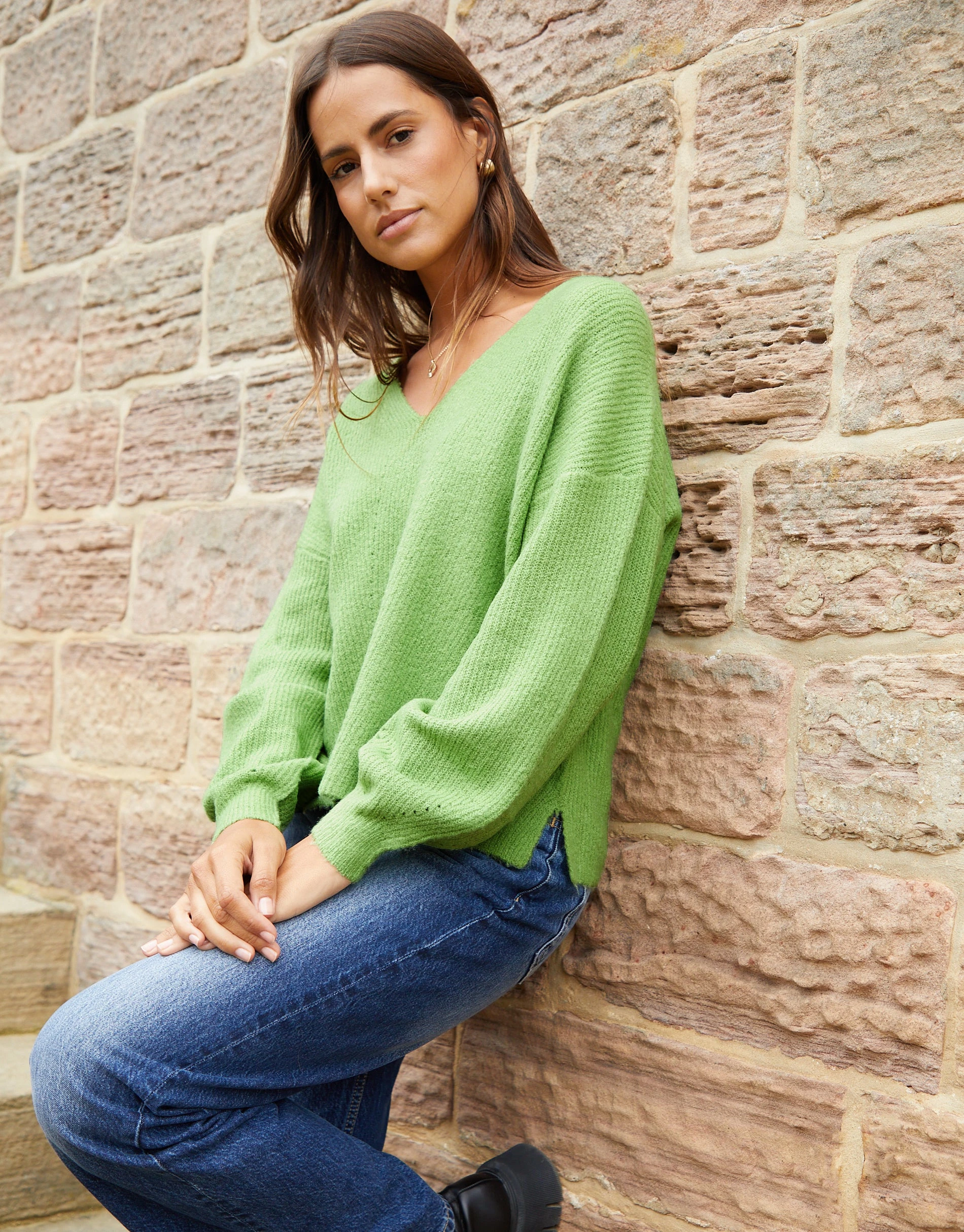 Women's Lime Green Ribbed V Neck Jumper