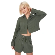 Womens Linen Blend Shacket Khaki M Womens Linen Blend Shacket Khaki M