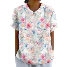 Women's Linen Floral Graphic Shirts Lapel Crewneck Button Down Short Sleeve Tops Summer Casual Shirt Loose Fit Blouses Summer Linen Shirts for Women Pink S