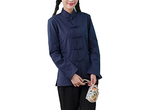 Womens Linen Long Sleeve Chinese Martial Arts Kung Fu Tai Chi Tang Suit Shirt Top (Blue, Asian M)