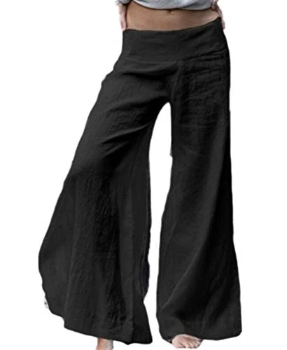 Women's Linen Wide-Leg Trousers Casual Flared Pants Black