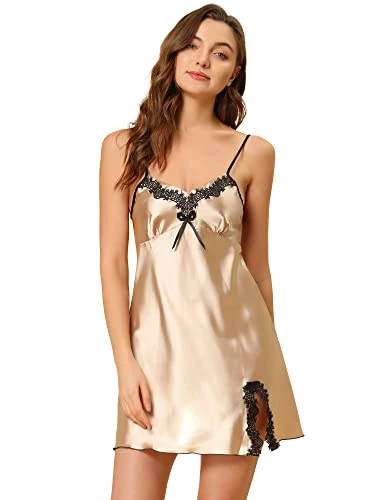 Womens Lingerie Pajama Dress Camisole Silky Satin Mini Full Slip Chemise Lounge Nightgowns Champagne M