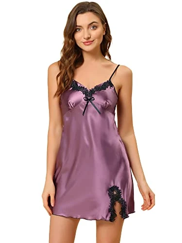 Womens Lingerie Pajama Dress Camisole Silky Satin Mini Full Slip Chemise Lounge Nightgowns Purple XS