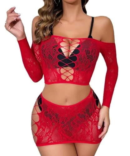 Womens Lingerie Set Fishnet Babydoll Bodysuit Sexy Nightwearr Sleepwear Nightdress(Red xkjc,one size)