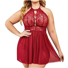 Women's Lingerie Sets Sexy Lace Bodysuit with Thong Floral Embroidery Mesh Lace Babydoll Halter Chemise Nightdress Naughty Curvy Nightgown Hollow Out Temptation Sleepwear