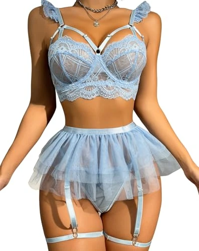 Women's Lingerie Sets Sexy Lace Gothic Underwear with Garter Belt 4 Piece Teddy Babydolls High Waisted Suspenders Lingerie NO Stockings (Light Blue,L)