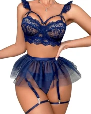 Women's Lingerie Sets Sexy Lace Gothic Underwear with Garter Belt 4 Piece Teddy Babydolls High Waisted Suspenders Lingerie NO Stockings (Dark Blue,M)