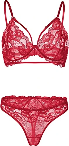 Womens Lingerie Soft Underwear Sets Knickers Ladies Babydoll Hollow Nighty Lace Bralette Bra and Thong Red L UK 10 12