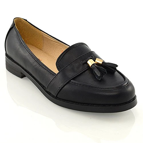 Womens Loafers Flat Tassel Ladies Casual Work School Slip On Shoes Pumps Black Synthetic Leather