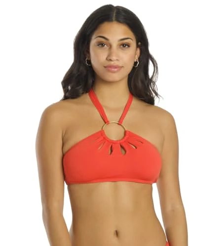 Women's Logo-Ring Cutout Halter Bikini Top (Red Sunset, X-Small)