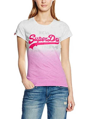 Women's Logo Vintage Super Dry T-Shirt Short Sleeve Top and Short Sleeve Neoprene Suit for Women, White/Pink, M