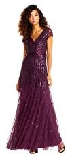 Women's Long Beaded V-Neck Dress with Cap Sleeves and Waistband, Cassis, 10