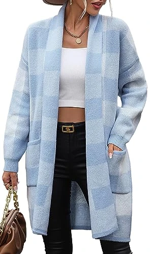 Womens Long Cardigan Plaid Casual Long Sleeve Open Front Winter Fall Coatigan Jacket with Pockets Blue L
