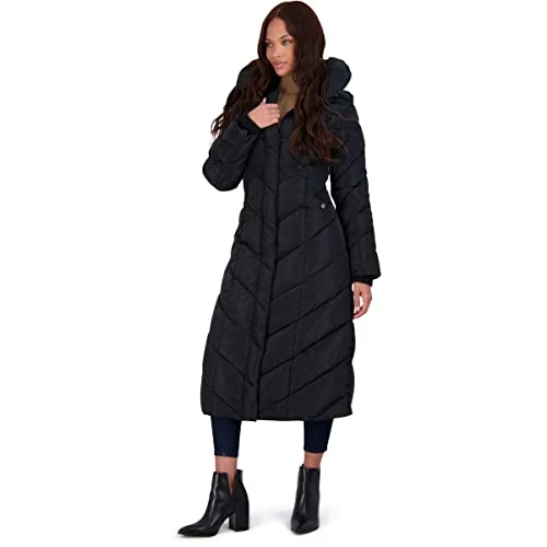 Women's Long Chevron Maxi Puffer Coat - black - S