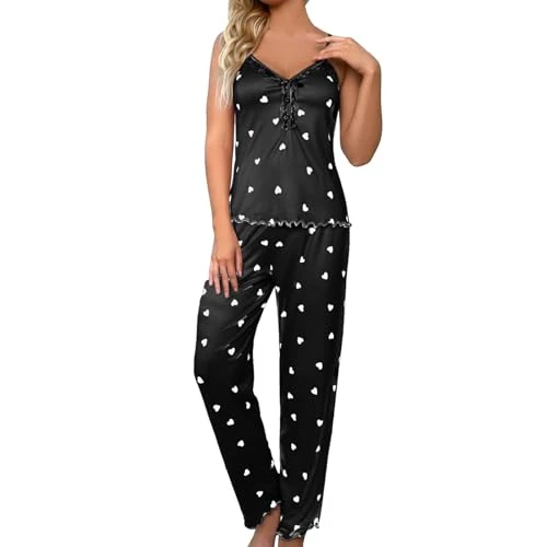 Women's Long Cotton Sexy V-Neck Pyjamas Comfortable Home Button Lace Trousers Home Sleepwear Flannel Trousers Women's Pyjama Set with Spaghetti Strap Top and Long Trousers, black, L