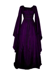 Women's Long Dress Round Neck Solid Color Irregular Vintage Long Sleeve Dress Party Dress Purple S Women's Long Dress Round Neck Solid Color Irregular Vintage Long Sleeve Dress Party Dress Purple S