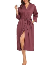 Women's Long Dressing Gown Soft Waffle Kimono Robe Housecoat Bathrobe Loungewear with Pockets for All Seasons,Dusky Pink,XL