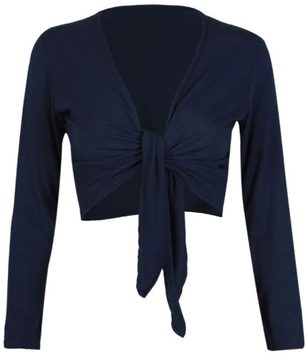 Womens Long Full Sleeves Ladies Stretch Bolero Cropped Cardigan Front Tie Knot Shrug Top Navy Blue 1