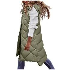 Women's Long Hooded Gilets Ladies Warmer Zip Up Lightweight Plus Size Quilted Gilet Bodywarmer Sleeveless Down Jacket Winter Waistcoat M-3XL Army Green