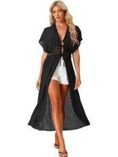 Women's Long Lace Cover Up Tie Front Bikini Swimsuit Beachwear Cardigan Black S