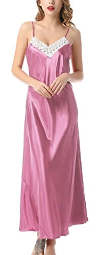 Women's Long Lace Satin Nighties V-Neck Sexy Nightdress Spaghetti Strap Dressing Gown Ladies Soft Silky Pyjamas Nightwear Pink