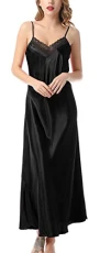 Women's Long Lace Satin Nighties V-Neck Sexy Nightdress Spaghetti Strap Dressing Gown Ladies Soft Silky Pyjamas Nightwear Black