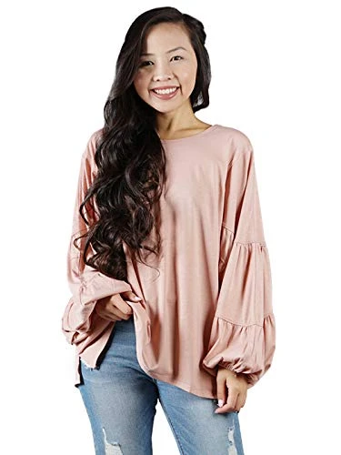 Womens Long Lantern Sleeve Soft Loose Baggy Tops T-Shirt Pullover, Rose, Large