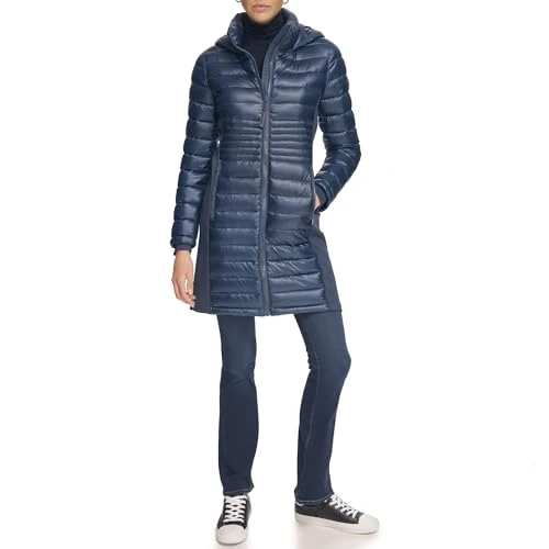 Women's Long Light-Weight Puffer Jacket Down Coat, Shine Slate Blue, L