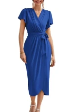 Women’s Long Maxi Wrap Dress V-Neck Casual Beach Formal Dress Plus Size Blue Dress for Birthday Party Wedding Going Out Night XXL Size 22