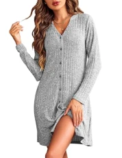 Women's Long Nightgown Baggy Nightdress V Neck Button Down Sleep Shirt Casual Sleepwear Light Gray Women's Long Nightgown Baggy Nightdress V Neck Button Down Sleep Shirt Casual Sleepwear Light Gray
