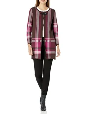 Women's Long Plaid Cardigan with Buckle Hardware Sweater, Chocolate Combo, Large