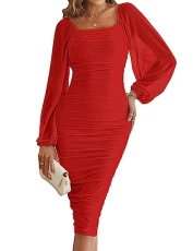 Women's Long Puff Sleeve Ruched Bodycon Dress Square Neck Mesh Cocktail Party Midi Dresses, Red, XXL Women's Long Puff Sleeve Ruched Bodycon Dress Square Neck Mesh Cocktail Party Midi Dresses, Red, XXL