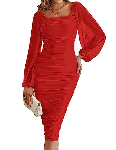 Women's Long Puff Sleeve Ruched Bodycon Dress Square Neck Mesh Cocktail Party Midi Dresses, Red, XXL