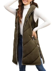 Womens Long Puffer Vest Sleeveless Hooded Zip Up Puffy Jackets 2024 Quilted Winter Coats with Pockets Warm Outerwear, Dark Olive, X-Large
