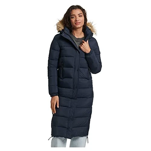 Women's Long Quilted Jacket with Hood with Faux Fur Trim, dark navy blue, 44