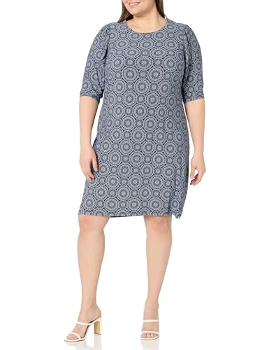 Women's Long Ruched Sleeves Jersey Fabric Dress, Sky Captain/Ivory, 24 Plus