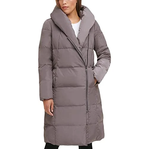 Women's Long Size Zip Hooded Quilted Down Coat Down Outerwear, Carbon, M