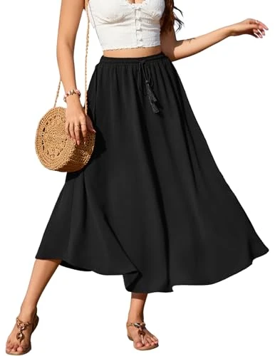 Women's Long Skirt High Waist Elegant Maxi Skirt A-Line Mesh Skirt with Drawstring Casual Midi Leisure Skirt Black Summer Skirt Tulle Spring M