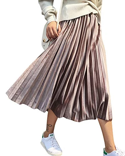 Women's Long Skirt High Waist was Thin Comfortable and Elegant Velvet Pleated Skirt Champagne
