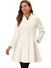 Women's Long Sleeve A-Line Winter Coats Swing Single Breasted Mid-long Coat White XL Women's Long Sleeve A-Line Winter Coats Swing Single Breasted Mid-long Coat White XL