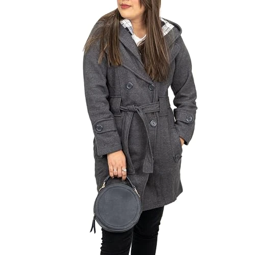 Womens Long Sleeve Belted Button Fleece Coat, Carcoal Grey, 10