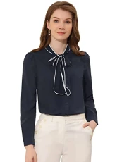 Women's Long Sleeve Blouse Bow Tie Button Down Valentine's Day Business Casual Work Shirt Top, Dark 