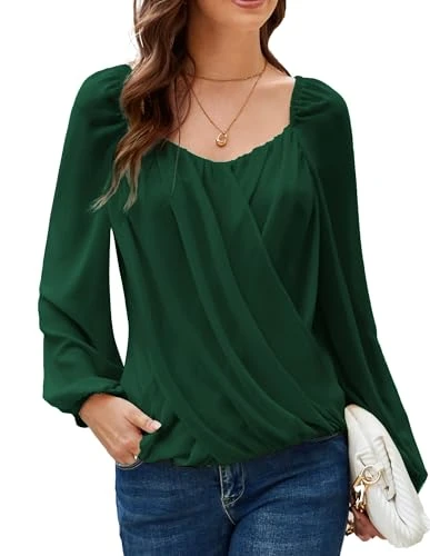 Women's Long Sleeve Blouse, Elegant V-Neck Pleated Top, Loose T-Shirt, dark green, S