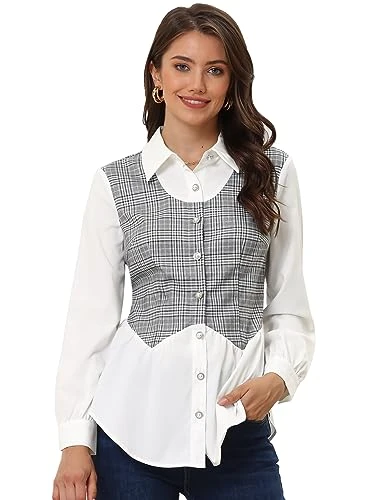 Women's Long Sleeve Blouse Plaid Contrast 2 in 1 Button Peplum Blouse Top, White Black, XS