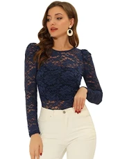 Women's Long Sleeve Blouse Vintage Semi Sheer Puff Sleeve Elegant Lace Top Dark Blue 8