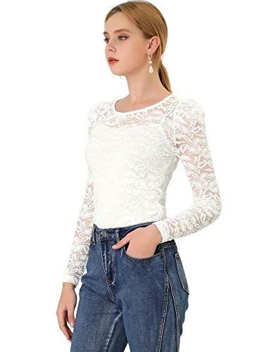 Women's Long Sleeve Blouse Vintage Semi Sheer Puff Sleeve Elegant Lace Top White 8