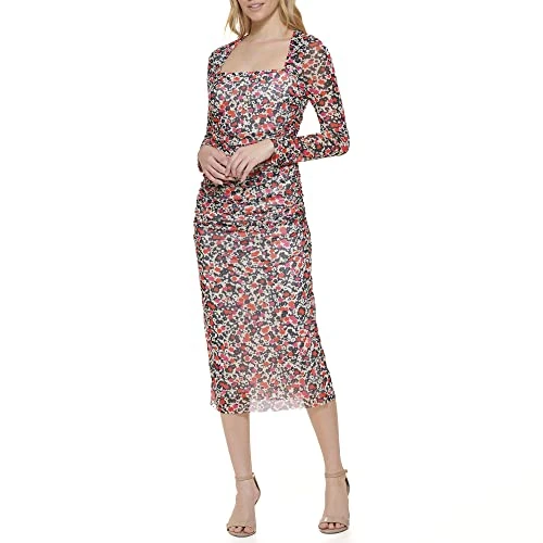 Women's Long Sleeve Boat Neck Sheath Wrap Dress Casual, Parchment Multi, 18